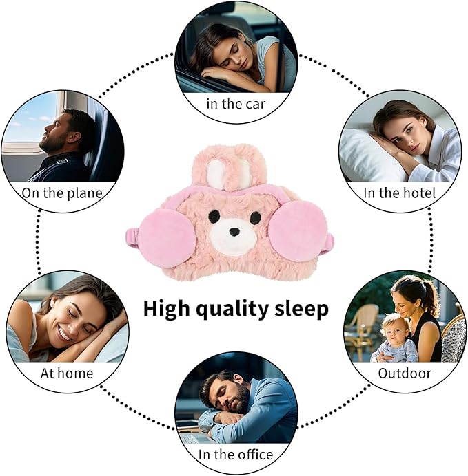 Cute Sleep Eye Masks for Kids, Kawaii Cartoon Kids Sleeping Mask for Women Boys Girls Teens, Soft Plush Adjustable Eyeshade Silk Travel Nap Eye Cover (Black+Pink Headphone) - Bloomnest