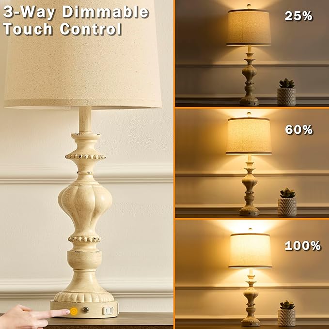 27.5" Farmhouse Table Lamps Set of 2 Bedside Nightstand Lamp with USB C+A Ports & AC Outlet, 3 Way Dimmable Touch Lamps for Bedroom Living Room Office Hallway Rustic Traditional Lamp - Bloomnest