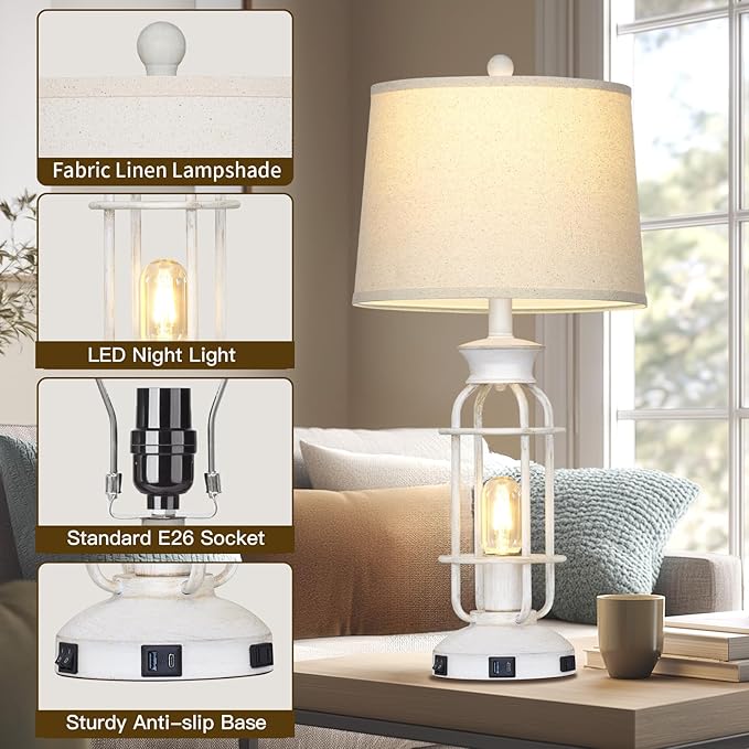 28" Vintage Table Lamps with USB C+A Ports & Outlet, Industrial Farmhouse Table Lamp for Living Room, Rustic Mid Century Modern Bedside Lamps with Nightlight & Beige Fabric Lampshade, Oil-Rubbed White - Bloomnest