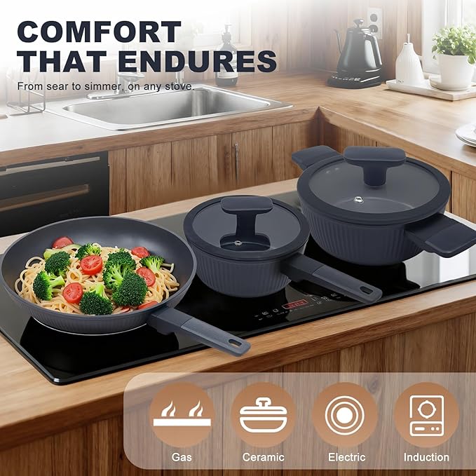 5-Piece Non-Toxic Ceramic Cookware Set, PFOA/PTFE Free Pan & Pot Set, Induction Ready, Dishwasher Safe for Easy Clean - Bloomnest