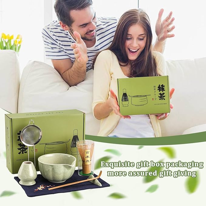 Matcha Whisk Set, 7-Pack Mottled Green Matcha Set - Include Petal Matcha Bowl with Spout, Bamboo Whisk, Chasen Holder, Sifter, Scoop, Tea Towel, Scoop Rest - Perfect Matcha Making Kit for Tea Lover - Bloomnest