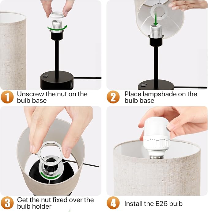 KPQ Small Bedside Lamp Touch Control Table Lamp with USB A+C Charging Ports & AC Outlet 3-Way Dimmable Nightstand Lamp with Linen Fabric Shade for Bedroom Living Room - Bloomnest