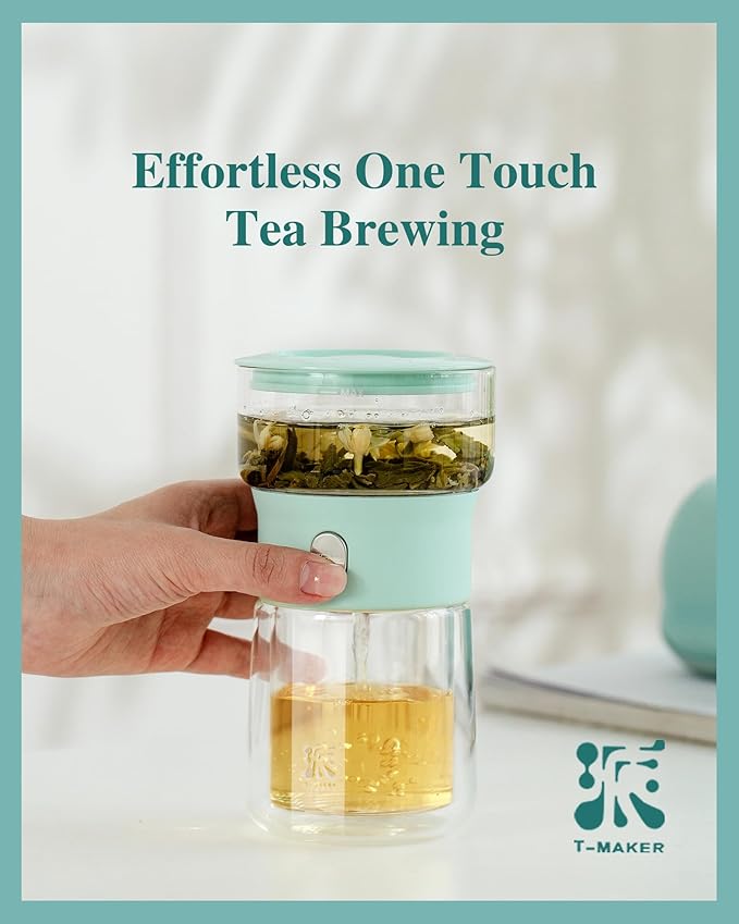 ZENS Modern Glass infuser Teapot, Small One Touch Tea Maker for Loose Tea Diffusers with 200ml Insulated Cup and Blue Portable Carry Case, Magic Gongfu Tea Pot for Tea Lovers Gifts - Bloomnest