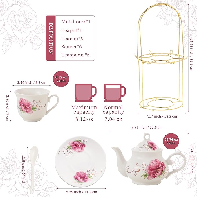 20-Pieces Tea Set For Adult with Golden Metal Rack,Porcelain Tea Sets For Women,Tea Gift Sets for Home&Party(015) - Bloomnest