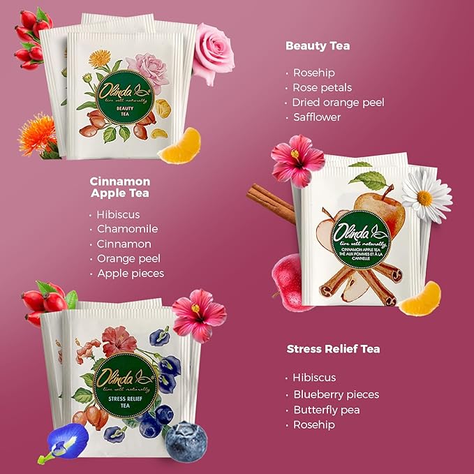 Olinda Healing Flowers & Roots Gift Box Natural Caffeine Free Tea Herbal Tea Bags Healthy Beauty Tea Wellness Stress Relief Tea Sampler Gift Set Premium 9 Vareity Individually Wrapped 45 Tea Bags 1 Tea Gift Box for Women - Bloomnest