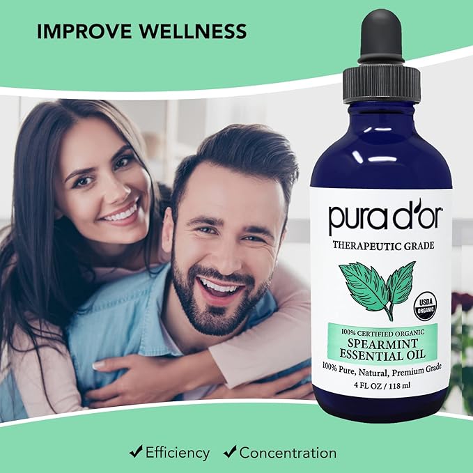 PURA D'OR Organic Spearmint Essential Oil (4oz with Glass Dropper) USDA Certified 100% Pure & Natural Therapeutic Grade Diffuser for Aromatherapy, Focus, Concentration, Mood Uplift - Bloomnest