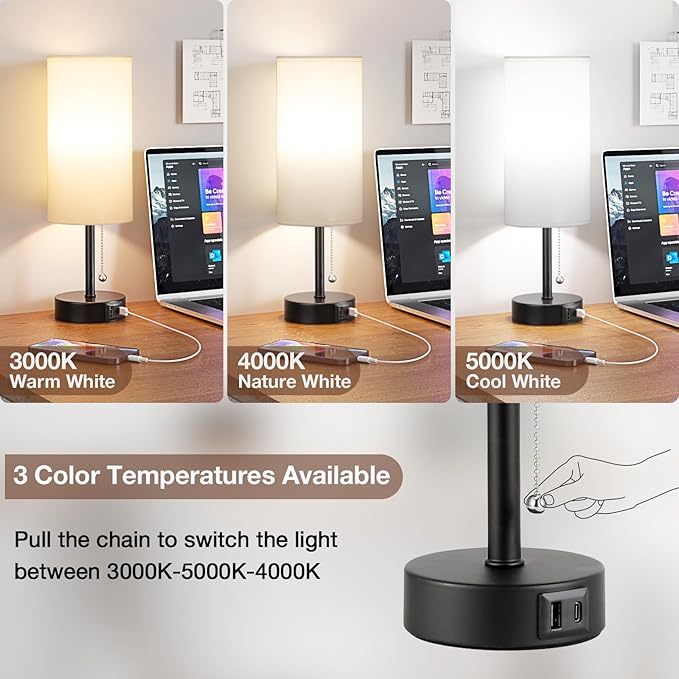 White Bedside Lamps for Bedroom Set of 2 - Nightstand Table Lamp with USB A + C Charging Port, 3 Color Temperatures Pull Chain Night Stand Light, Side Table Desk Reading Lamp for Living Room/Dorm - Bloomnest