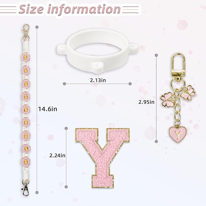 Compatible with Owala Water Bottle Accessories, Cute Letter Charm Set with Boho Handle Strap, Monogram Sticker, Silicone Ring, Keychain Decoration, for FreeSip 24 32 40oz, Owala Kids, Tumbler Gift SITKOL