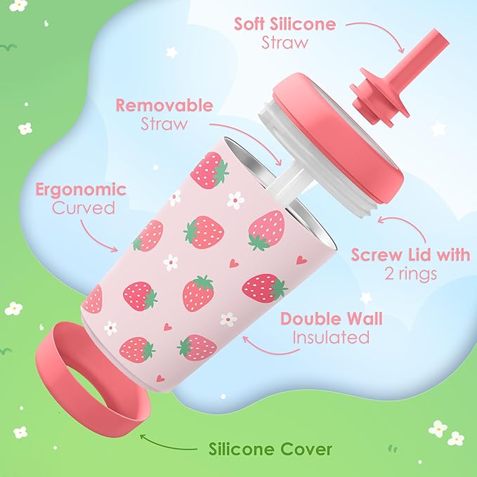 Kid Insulated Stainless Steel Tumbler with Silicone Straw, 12oz Sippy Cup for Kids (Strawberry) - Bloomnest