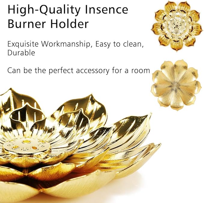 Accmor Zinc Alloy Incense Holder, Lotus Stick Incense Burner, Incense Holder for Stick/Coil/Cone Incense with Ash Catcher, Gold, 2 Pack - Bloomnest