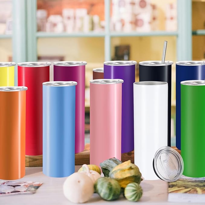 YOUKE OLA 12 Pack Stainless Steel Skinny Tumblers 20oz - Bulk Straight Double Wall Vacuum Insulated Tumbler with Lid and Straw & Silicone Base for Travel, DIY, 12 Colors - Bloomnest
