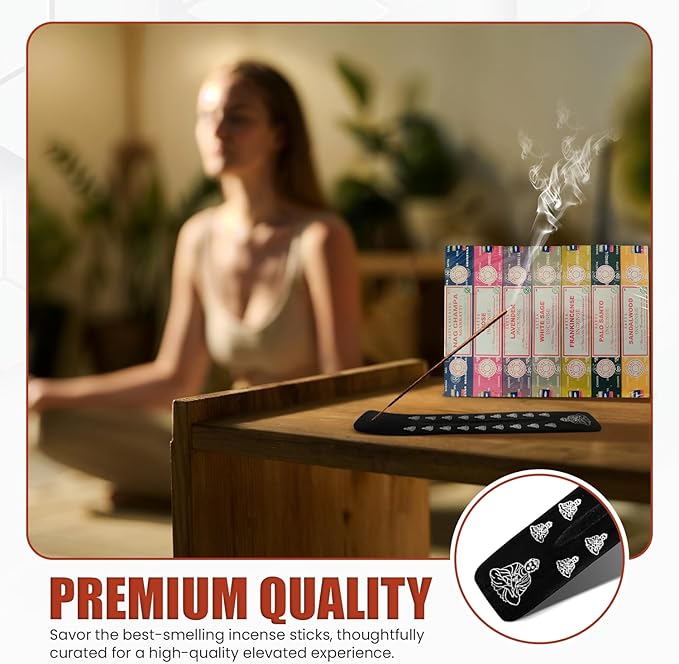Incense Sticks Variety Pack with Wooden Holder | Nag Champa, Rose, Lavender, White Sage, Frankincense, Palo Santo & Sandalwood | Hand-Rolled Masala Incense Guruji+Divinity