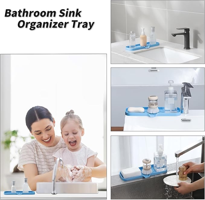 Silicone Bathroom Soap Dishes with Drain Spout-Bathroom and Kitchen Sink Organizer,Sponge Holder,Dish Soap Tray,Perfect for Dispenser,Scrubber,Bottle on Sink or Counter-Light Blue 12"×4" - Bloomnest
