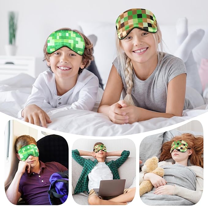 2 Pcs Sleep Mask for Kids Boys, Silk Eye Covers for Sleeping, Adjustable Strap & Light Blocking Design, Adult Children's Bedtime Blindfold for Travel and Home Use (My World) - Bloomnest