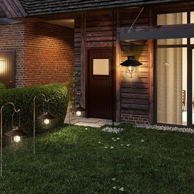 pearlstar Solar Lantern Outdoor Hanging Light Metal Solar Lamp with Warm White Edison Bulb Design for Garden Yard Patio Proch Decor(Black) - Bloomnest