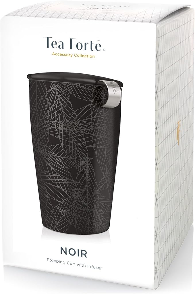Tea Forte Double-Walled Ceramic Kati Cup, Removable Stainless Steel Infuser Basket and Lid, Steeps 12 oz Loose Leaf Tea, Dishwasher & Microwave Safe, Noir - Bloomnest