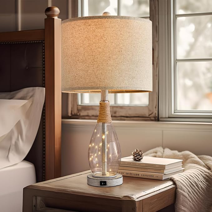 OYEARS 23" USB A+C Table Lamp for Bedroom Living Room Modern Bedside Lamps Retro Farmhouse Rattan Glass Nightstand Nightlight Lamps (White),Two Light Points - Bloomnest