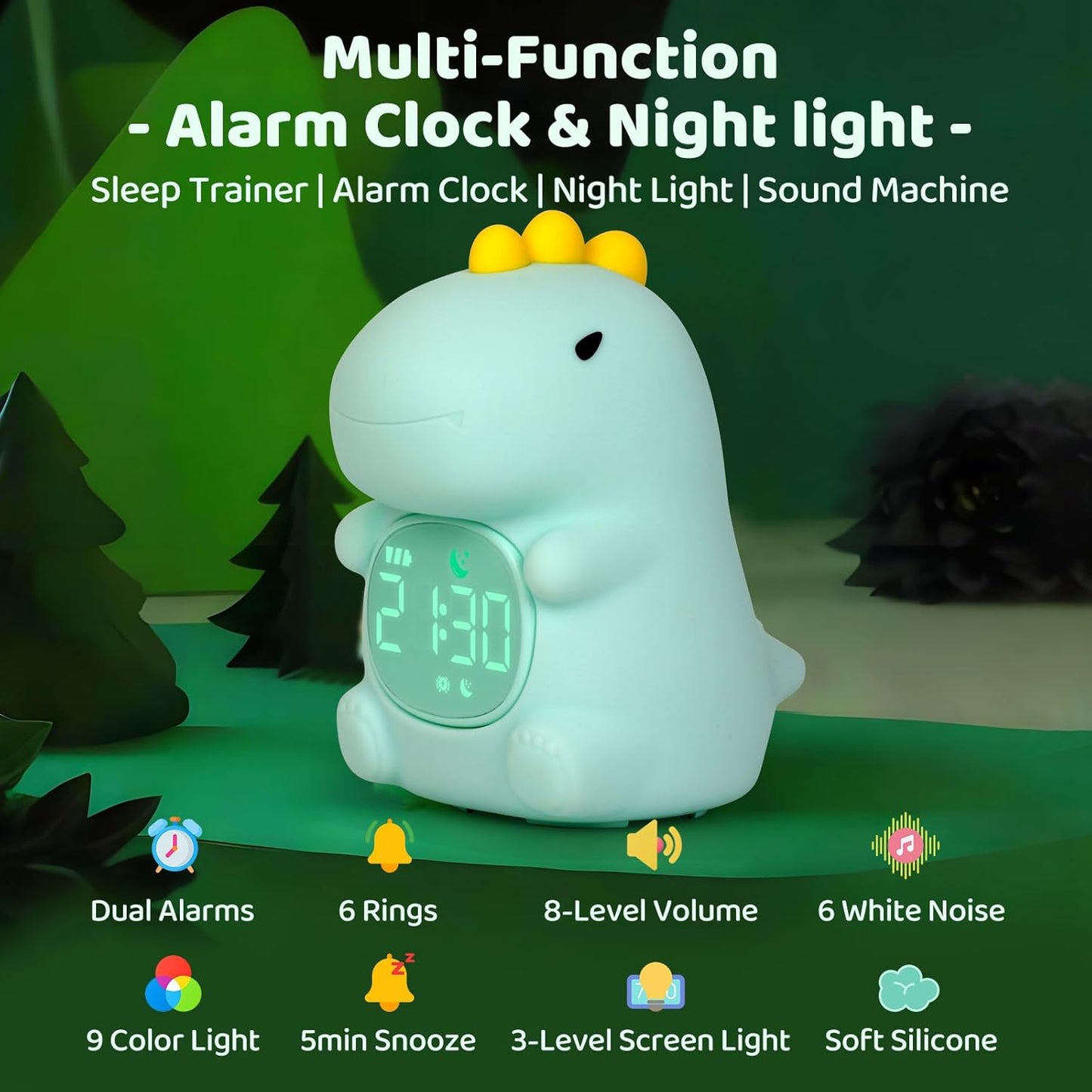 Dinosaurs Alarm Clock with Night Light for Kids with Sleep Training and Sound Machine, Rechargeable Silicone Lamp OK to Wake Clock，Cute Animal Tabletop Lamp, Perfect Sleep Companion for Boys Girls