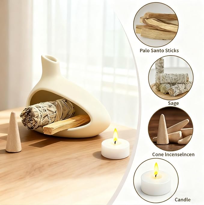 Palo Santo Holder, Ceramic Incense Burner for Sticks Sage Holders Cone Burning Smudge Bowl with Ash Brush for Meditation Yoga Spa Room Decor (Yellow) - Bloomnest