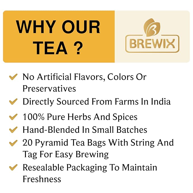 BREWIX, Turmeric Ginger Herbal Tea Bags (20 Pyramid Tea Bags) Real Ingredients From India, Naturally Caffeine Free | Pure Herbal Blend | Packed in Resealable Ziplock Pouch - Bloomnest