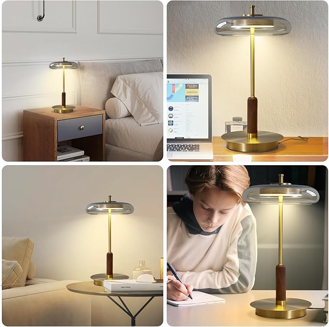 Small Table Lamp for Bedroom-Brass Base Mushroom Table Lamps,Amber Glass Shade,LED Three Color Temperature Adjustable Brightness Modern LED Side Table and Desk Lighting(H 15.4 in) - Bloomnest