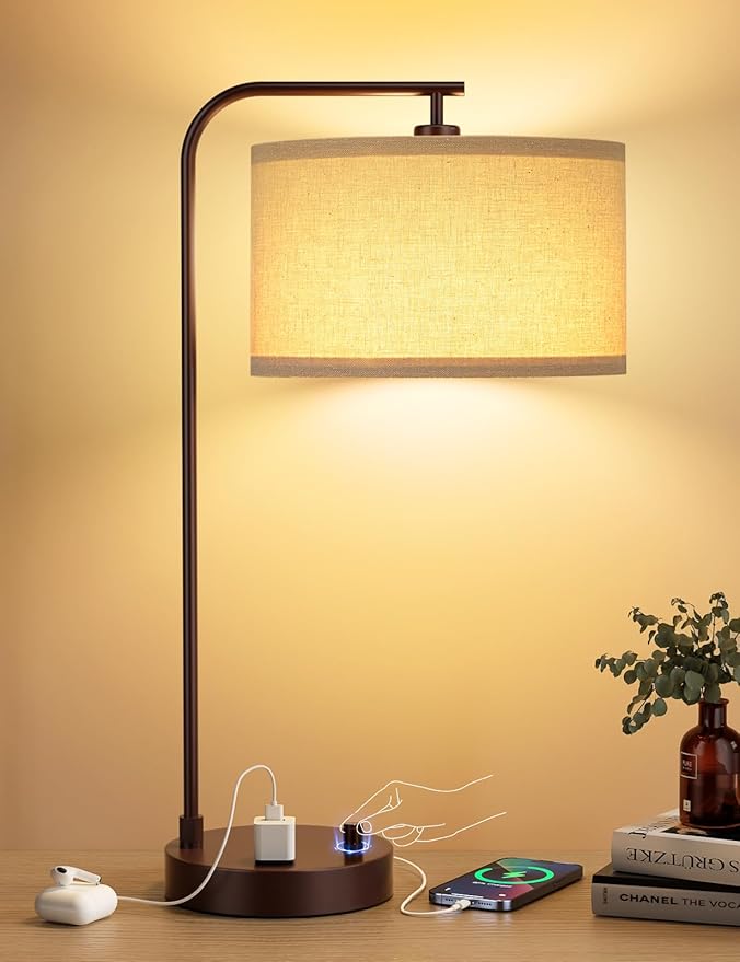 Brown Side Table Lamp with USB Port and Outlet, Dimmable Nightstand Bedside Lamps with Linen Lampshade, Desk Lamp for Bedroom, Living Room, Guest Room, Home Office, LED Bulb Included - Bloomnest
