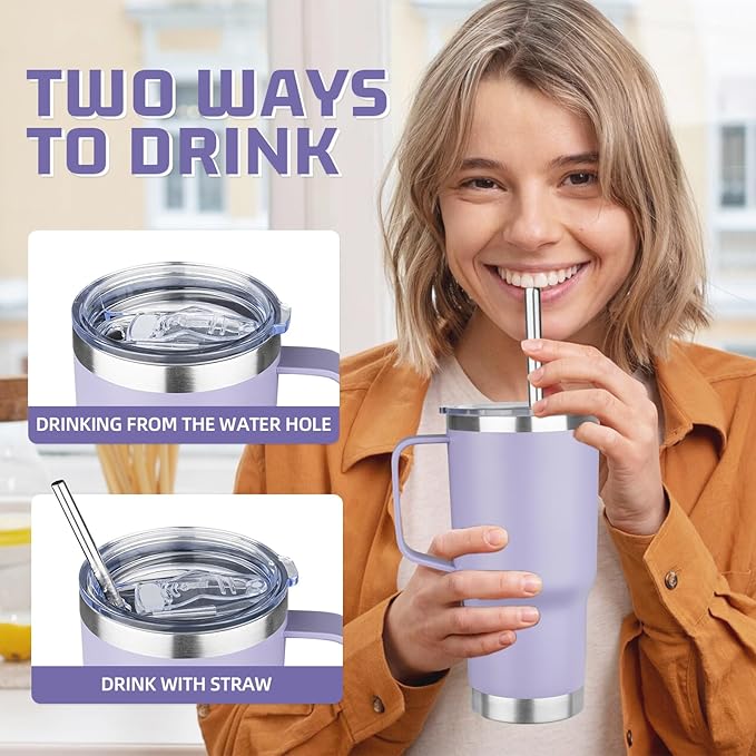 20 oz Tumbler with Handle Stainless Steel Insulated Coffee Mug Tumbler with Lid and Straw Double Wall Vacuum Insulated Coffee Mug Leak Proof Travel Tumbler for Hot and Cold Drink (Pale Purple,4pack) - Bloomnest