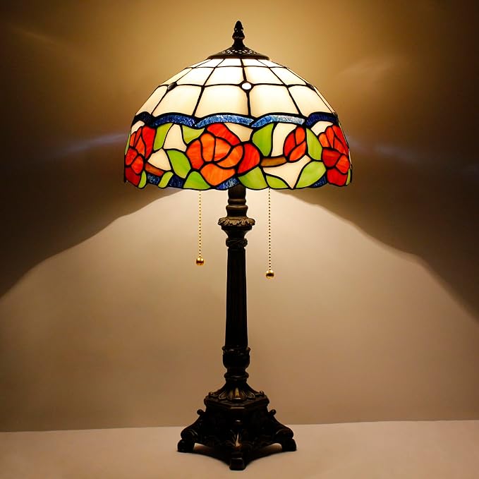 Tiffany Lamp Rose Flower Style Stained Glass Table Lamp Desk Reading Light 12X12X21 Inches with Resin Base Decor Bedroom Living Room - Bloomnest