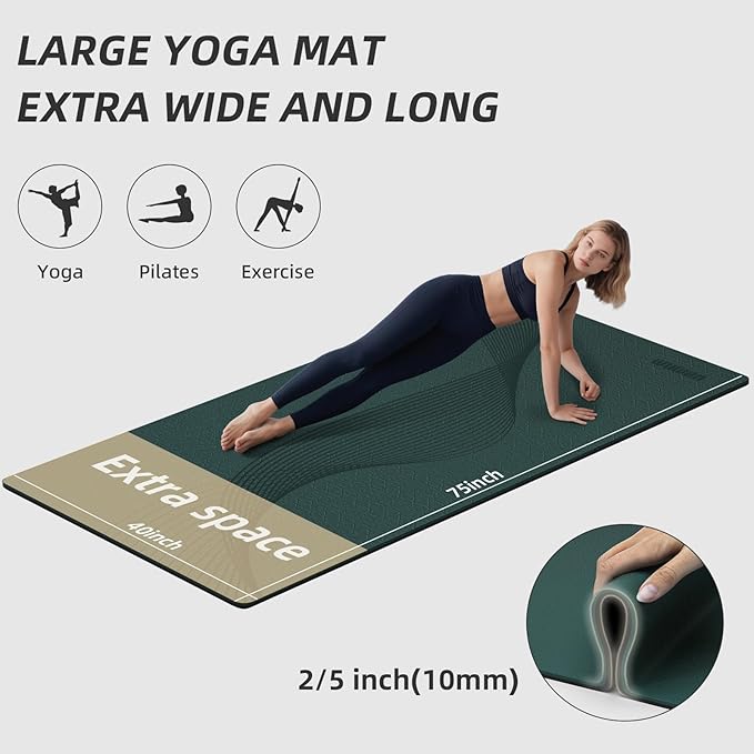 Large Yoga Mat 75"x 40"x10mm (2/5 inch) – Extra Thick & Wide, TPE Fitness Mat, Printed Non-Slip Exercise Mat with Carrying Strap for Men & Women, Pilates, Stretching, Fitness & Workout - Bloomnest