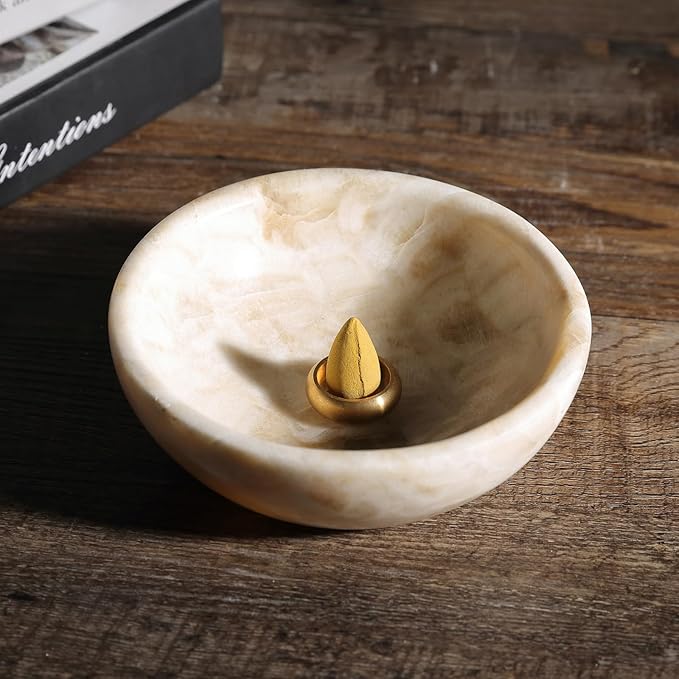 Koville Natural Marble Incense Holder, Incense Holder for Sticks with 9 Holes, Handmade Incense Burner Ash Catcher for Meditation Yoga SPA, Suit for Palo Santo/Sage/Cone(Ivory)