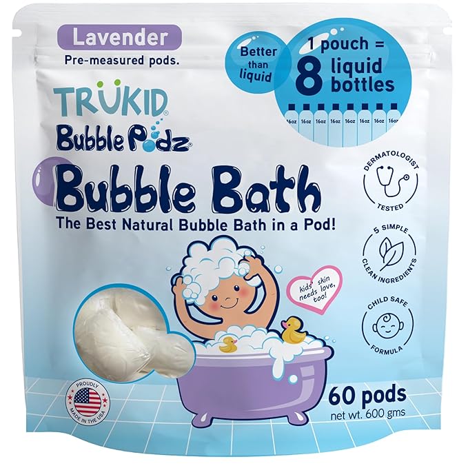 TruKid Bubble Podz Bubble Bath for Kids, Toddlers, & Babies, Tear Free Gentle & Refreshing Bath Bomb for Sensitive Skin with Natural Moisturizers, Non-Toxic, pH Balanced, Lavender Scent (60 Podz) - Bloomnest