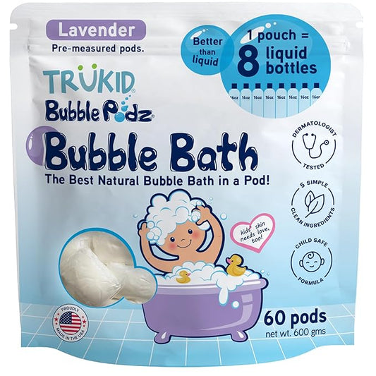TruKid Bubble Podz Bubble Bath for Kids, Toddlers, & Babies, Tear Free Gentle & Refreshing Bath Bomb for Sensitive Skin with Natural Moisturizers, Non-Toxic, pH Balanced, Lavender Scent (60 Podz) - Bloomnest