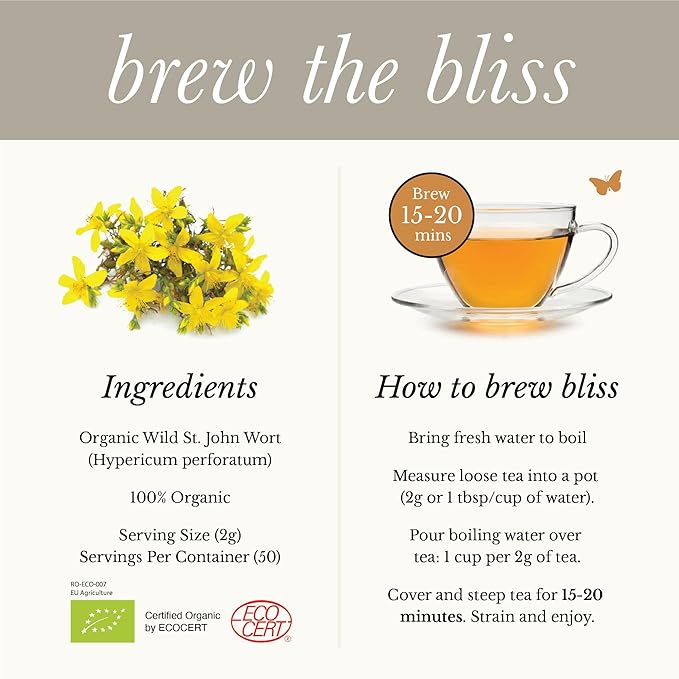 Wild Bliss Organic St Johns Wort Tea - Caffeine Free Mood Balance Support Herbal Tea - Pharmacopoeia Potency - Loose Leaf 3.52 Oz - 50 Servings - Bloomnest