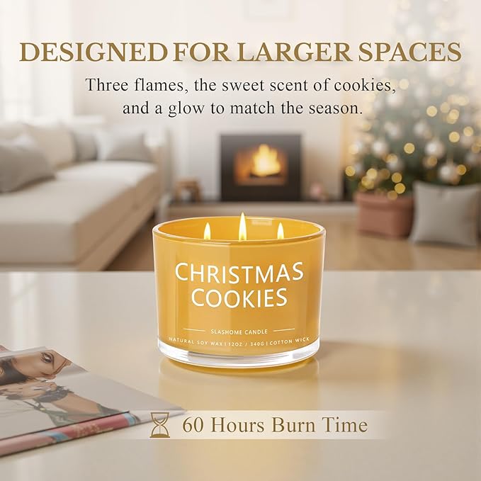 Christmas Cookie Candle, Large 3 Wick 12oz Soy Scented Candle, Luxury Christmas Birthday & Winter Holiday Gift for Women & Men, Long Lasting 60+ Hour Clean Non-Toxic Burn, Elegant Winter Home Decor - Bloomnest