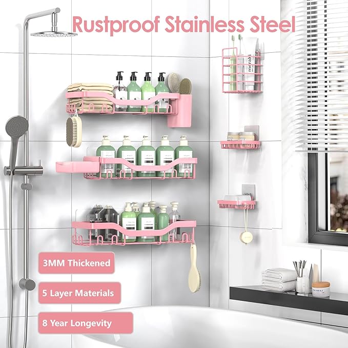 Shower Caddy Adhesive Shower Organizer 8-Pack, Rustproof Stainless Steel Bathroom Shelves, Large Capacity No-Drill Rack Storage Accessories with Soap Dish Toothbrush Holder Hooks - Bloomnest