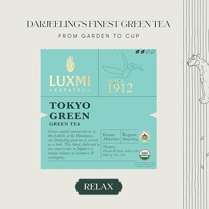 Luxmi Estates Tokyo Green Organic Green Tea (50 Tea Bags) Tea Bags For Relaxing, Calming, and Stress Relief, With Certified Organic Darjeeling Makaibari Green Tea - Bloomnest