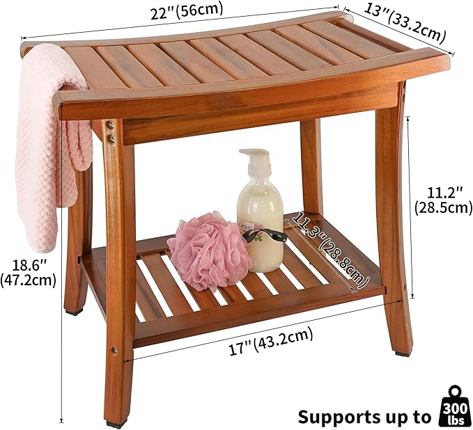 Utoplike Teak Shower Bench Seat with Handles, Portable Wooden Spa Bathing Stool with Storage Towel Shelf, 22" x 13" x 18.6", Perfect for Indoor and Outdoor Use - Bloomnest