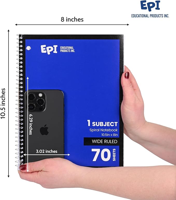EPI Spiral Notebook | Wide - 70 Sheets, Durable Spiral Binding | 10.5 x 8 in | Classroom Supplies | School, Office, Note Taking, Journaling - 3 Pack - Bloomnest