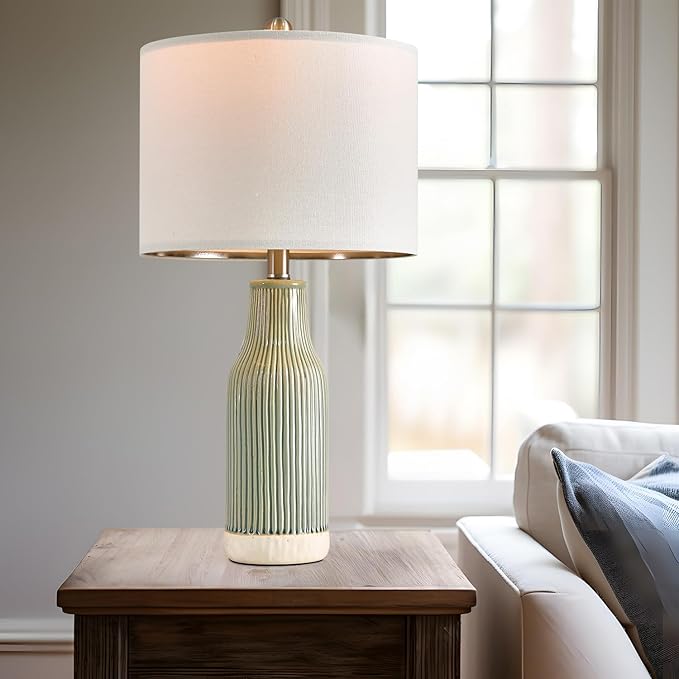 23.75" Modern Green Ceramic Table Lamp Set of 2 for Living Room, Farmhouse Bedside Nightstand Lamp for Bedroom Home Office Dorm - Bloomnest