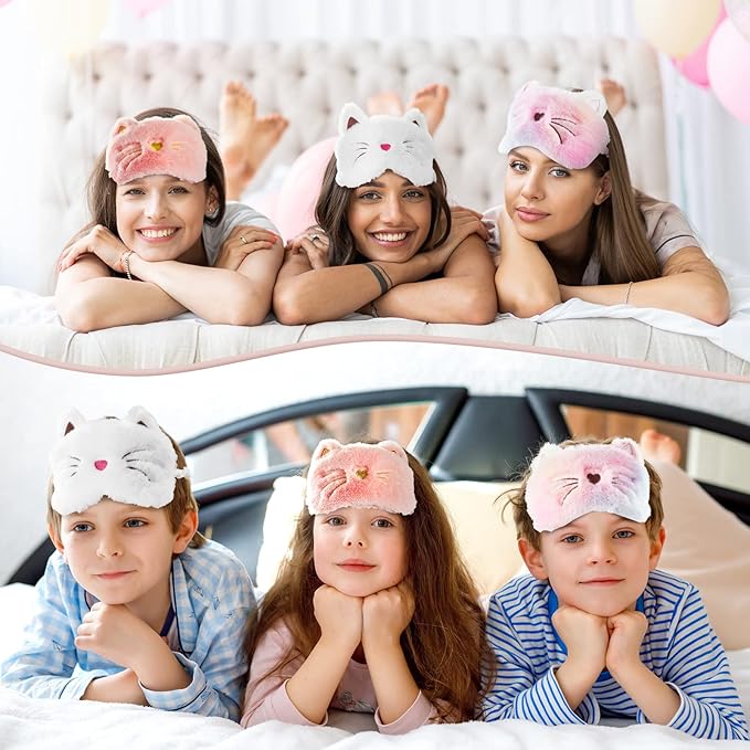 3 Pieces Sleep Mask for Kids, Girls Plush Sleeping Eye Cover Soft Eye Blindfold Cover Animal Shade for Kids(White, Pink and Rainbow Color,Cat Style) - Bloomnest