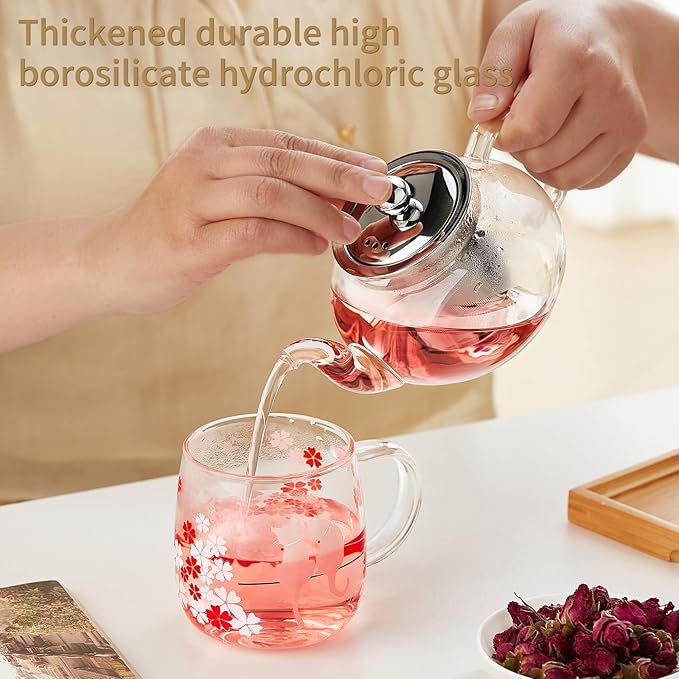Glass Teapot Stovpetop Safe,20 oz/ 600 ml Stove Top & Microwave Safe Small Borosilicate Glass Kettle with Loose Leaf Tea Strainer For Flower Blooming Tea, Clear - Bloomnest