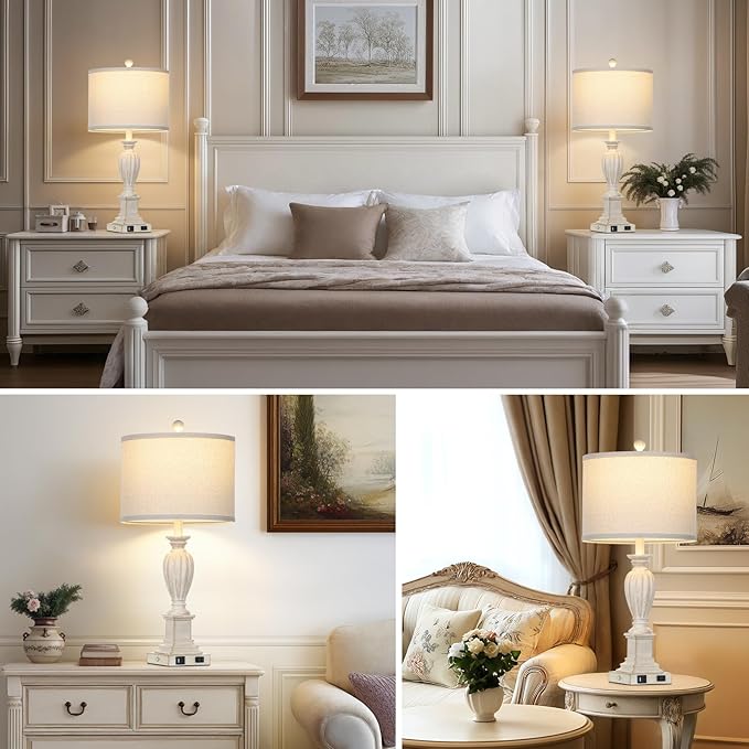 27" Farmhouse Table Lamps Set of 2 with USB C+A Ports & AC Outlet for Vintage Living Room Retro Bedroom,3-Way Dimmable Touch Lamp Resin Bedside Lamps for Nightstand Side End Table,Cream - Bloomnest