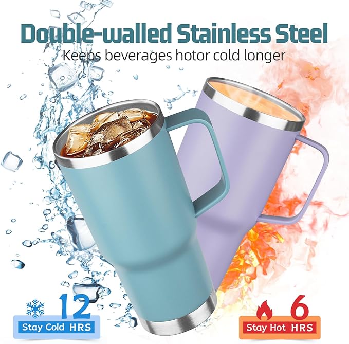 20 oz Tumbler with Handle Stainless Steel Insulated Coffee Mug Tumbler with Lid and Straw Double Wall Vacuum Insulated Coffee Mug Leak Proof Travel Tumbler for Hot and Cold Drink (Azure Blue,1pack) - Bloomnest