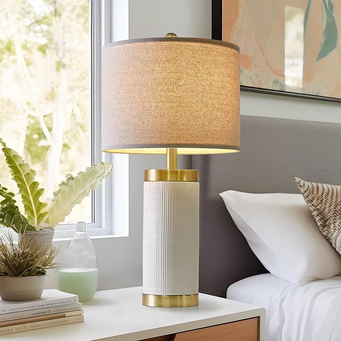 24.5 inches Modern Ceramic Bedside Lamp Set of 2 for Bedroom Decor Farmhouse Table Lamp for Living Room Office Dorm - Bloomnest