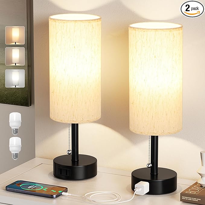 Fenmzee Bedside Table Lamps Set of 2-3 Color Temperatures Pull Chain Lamp with AC Outlet Charging Port, Small Round Night Stand Lamps for Bedroom Guest Room Office, Bed Side Light with E26 LED Bulbs - Bloomnest