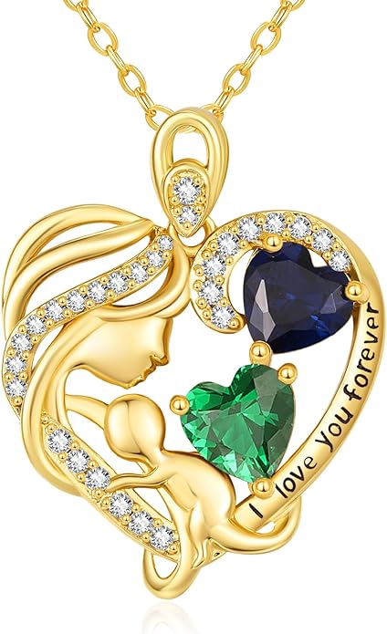 14K Gold Double Birthstone Heart Necklace for Women Mom, Mother Son/Daughter Pendant Necklace for Christmas Mother's Day Birthday Gifts for Wife Daughter Grandmom - Bloomnest