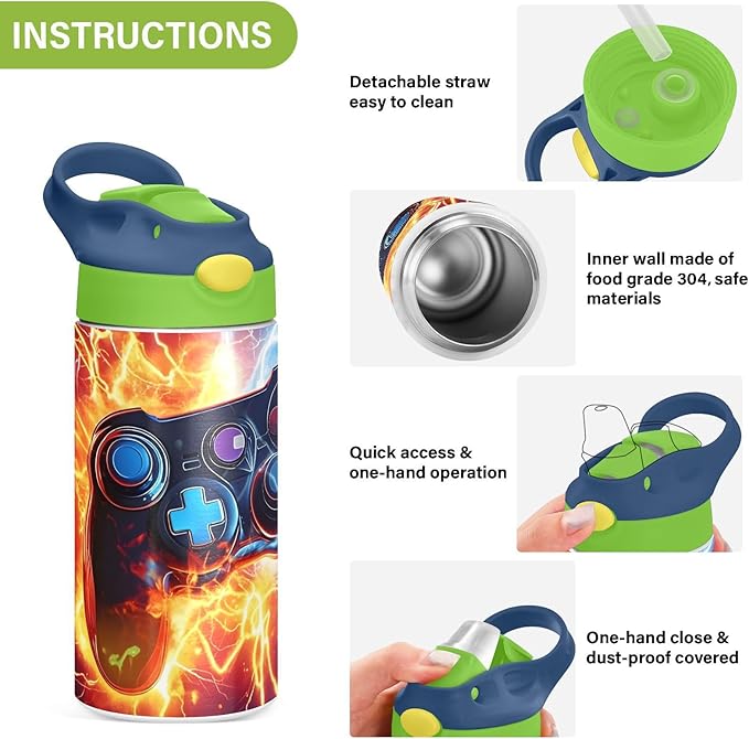 Game Controller Fire Electric Spark Kids Water Bottle with Straw Lid Insulated Tumbler with Handle Stainless Steel Reusable Toddlers Cup for Kids Boys 12 oz - Bloomnest