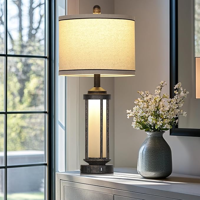 27" Farmhouse Industrial Table Lamps, Vintage Rustic Retro Beside Lamps with USB A+C Charging Ports & AC Outlet, Modern Nightstand Lamps with Glass LED Night Light for Living Room Bedrooms End Table - Bloomnest