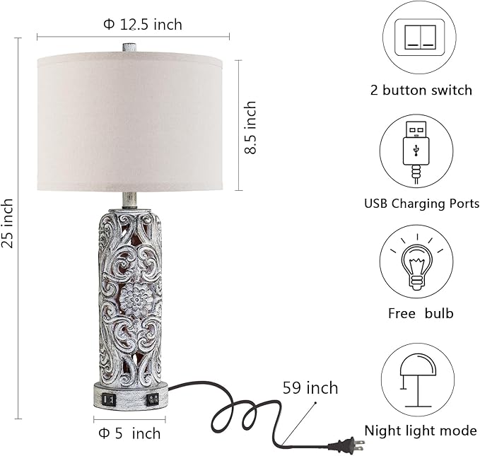 25'' Set of 2 Farmhouse Table Lamps with 2 USB Ports for Living Room Bedroom, Rustic Vintage Table Lamp with Nightlight, Earthy Yellow Hollow Out Resin Lamp for End Table, 2 Bulbs Included - Bloomnest