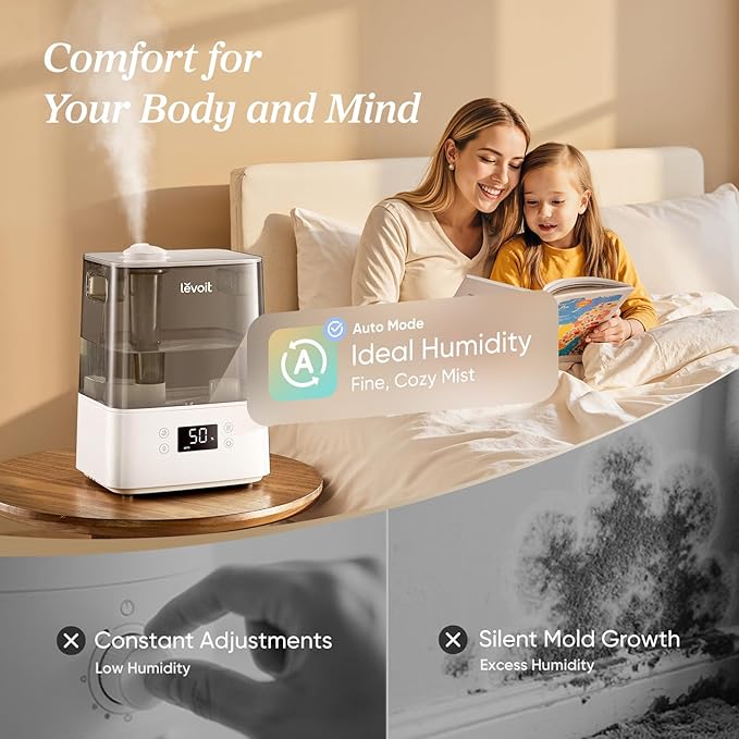 LEVOIT Humidifiers for Bedroom Large Room Home, (6L) Cool Mist Top Fill Essential Oil Diffuser for Baby & Plants, Smart App & Voice Control, Rapid Humidification & Auto Mode - Quiet Sleep Mode, Gray - Bloomnest